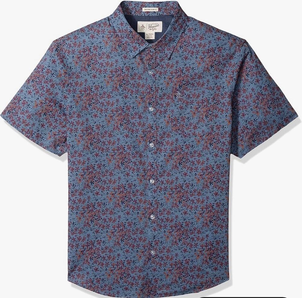 Original Penguin Shirt Mens Medium Heritage Slim Fit Floral Short Sleeve Button